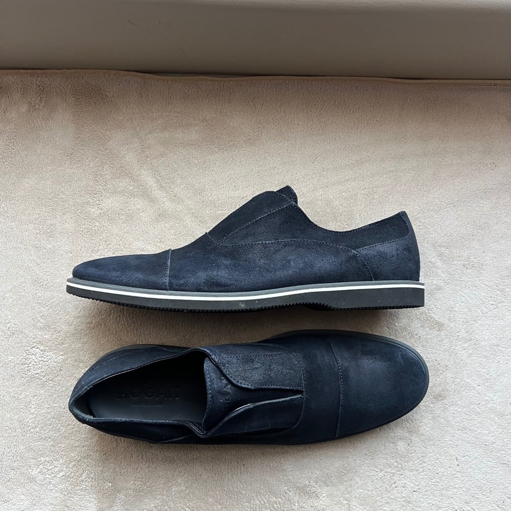 Hogan Men 11 Navy Blue Suede Slip On Loafers Cap Toe Italy Designer Casual
